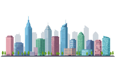 Fototapeta premium Modern urban skyline with colorful buildings and trees