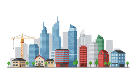 Obraz premium Modern urban skyline with construction crane and colorful buildings
