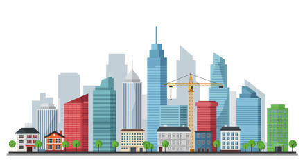 Obraz premium Modern city skyline with skyscrapers and cranes in flat style