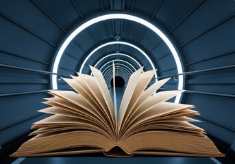 An open book in a futuristic tunnel symbolizes knowledge, education, and the potential of future technology and science