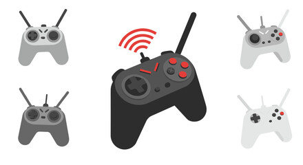 Stylish remote control gamepads set with wireless signal symbols in flat design