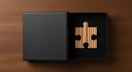 Obraz premium Wooden Puzzle Piece in Black Gift Box On Brown Surface