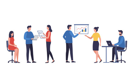 Obraz premium Collaborative team work in modern office setting with charts and laptops