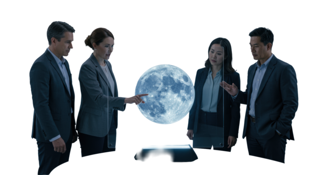 Diverse team of professionals in business casual attire analyzing a waxing gibbous moon on a glowing transparent display in a high-tech innovation lab, collaborative innovation concept