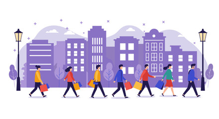 Urban shopping scene with people walking in a modern cityscape flat style