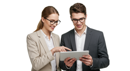 Young Caucasian woman and man in business casual, black-framed glasses, pointing collaboratively at a digital tablet on a white background, concept of modern business collaboration.