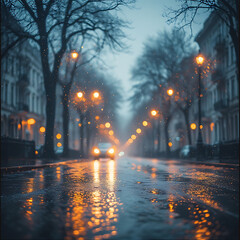 Obraz premium Wet city street at night with glowing streetlights and falling snow