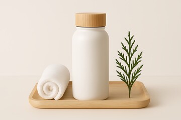 Minimalist Bottle with Wooden Lid Towel and Greenery on Wooden Tray