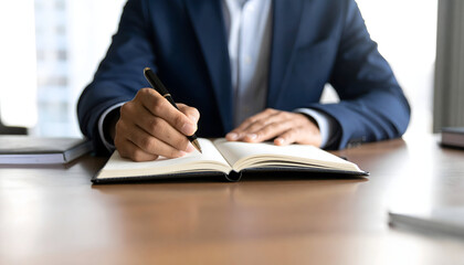 Professional in a blue suit writing in a notebook at a wooden office desk