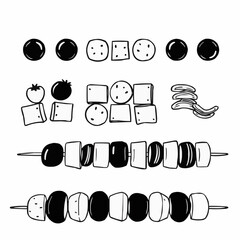 Black and white illustration of skewers with various ingredients  