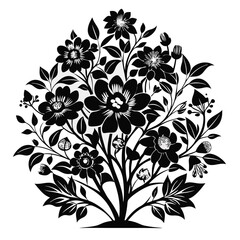 Stylized Floral Arrangement with Bold Black Flowers, Leaves, and Buds in a Circular Design