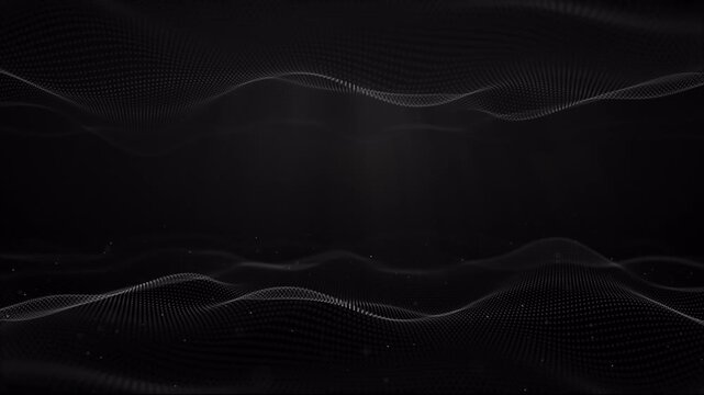 Technology background. Abstract digital particle wave. Futuristic abstract waves glowing grid curves dynamic flowing. Sound wave visualization. 3D rendering. White waves surface.  looping 