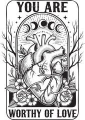 Obraz premium You Are Worthy of Love Anatomical Heart with Roses and Celestial Moons Vector Art