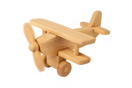 Wooden toy biplane with spinning propeller on transparent background