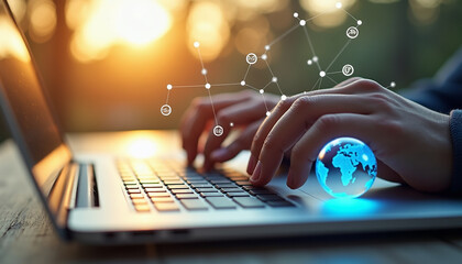 Person typing on laptop with glowing network and globe