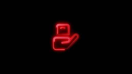 Modern glowing red neon hand icon holding a box symbol against black background
