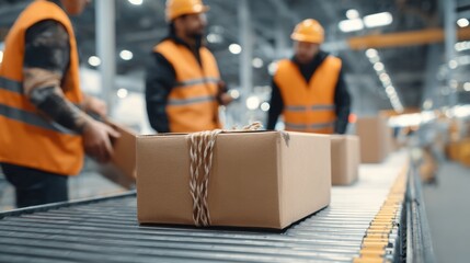 Fototapeta premium Medium shot of a parcel wrapped in protective wrap resting on a conveyor with blurred workers sorting packages behind.