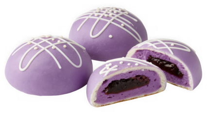 Four purple steamed buns with white icing decoration and a sweet filling, one cut in half, isolated on transparent background