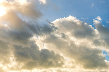 Fototapeta premium Sky with clouds. Cloudy skyscape background. Cloudscape sky background. Cloud in the sky. Background with cloud. Gloomy sky with overcast clouds. Skyscape and cloudscape