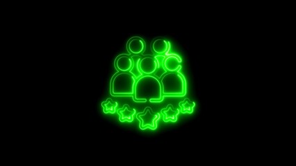 Glowing green neon teamwork with stars representing excellent ratings and achievements