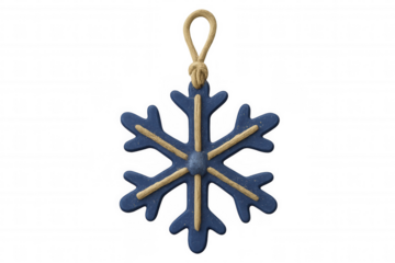 Blue snowflake ornament hanging with rope, isolated on transparent background, perfect for winter and christmas projects