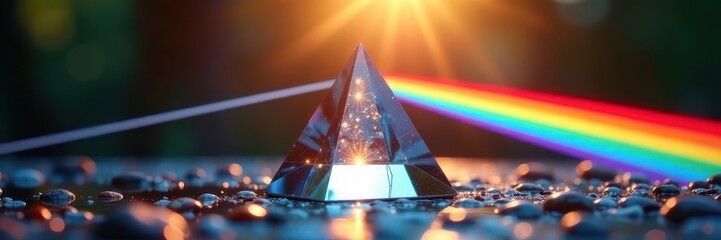 Crystal prism refracting sunlight, vibrant rainbow arc, wonder, close-up