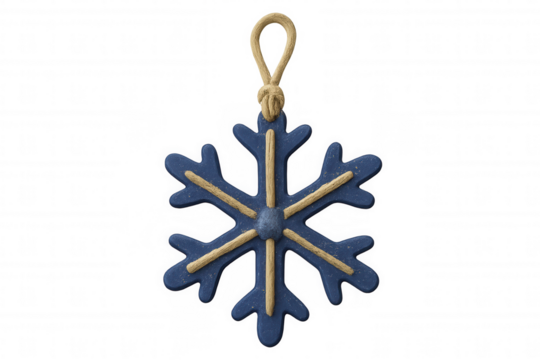 Blue snowflake ornament hanging with rope, isolated on transparent background, perfect for winter and christmas projects