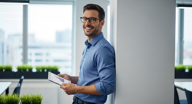 Portrait of a smiling businessman holding a tablet with financial charts in office
