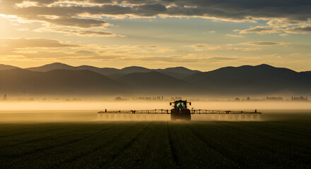 Fototapeta premium Sunrise over agricultural fields tractor spraying crops in misty morning landscape farm machinery agriculture rural scene farming countryside sunrise golden hour beautiful nature scenic view idyllic