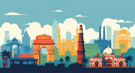 Colorful vector illustration of Delhi skyline with India Gate, Qutub Minar, Mughal architecture, and historic monuments, perfect for travel posters, tourism promotions, and Indian city design projects © meeblues