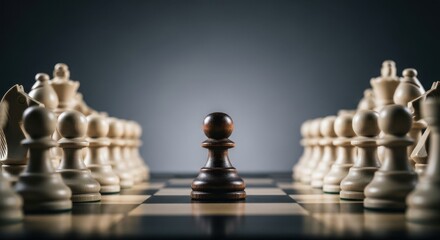 A lone pawn stands ready on the chessboard facing the opposing army