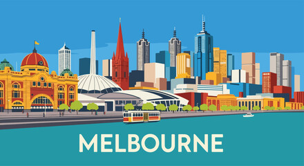 Obraz premium Colorful vector illustration of Melbourne skyline with Flinders Street Station, modern skyscrapers, riverfront, and tram, perfect for travel posters, tourism campaigns, and Australian city design