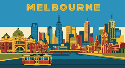 Fototapeta premium Colorful vector illustration of Melbourne skyline with Flinders Street Station, modern skyscrapers, riverfront, and tram, perfect for travel posters, tourism campaigns, and Australian city design