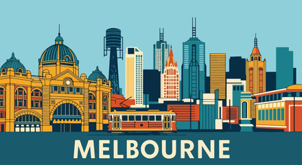 Obraz premium Colorful vector illustration of Melbourne skyline with Flinders Street Station, modern skyscrapers, riverfront, and tram, perfect for travel posters, tourism campaigns, and Australian city design
