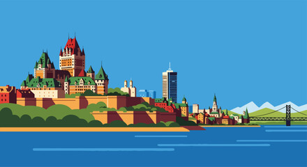 Colorful vector illustration of Québec City skyline with Château Frontenac, historic architecture, and waterfront view, perfect for travel posters, tourism campaigns, and Canadian destination 