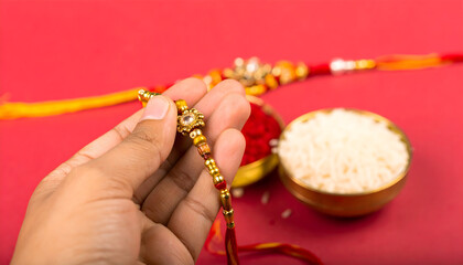 Person holding a decorative Rakhi bracelet with kumkum and rice for traditional celebration on red background