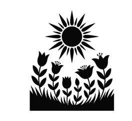 Obraz premium Sun with floral rays silhouette in spring energy style isolated black and white vector illustration