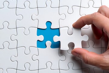 Close up of a hand holding a white jigsaw puzzle piece about to place it into a missing blue section of a larger puzzle symbolizing completion and problem solving