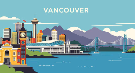 Obraz premium Colorful vector illustration of Vancouver skyline with modern buildings, waterfront, boats, and mountains, perfect for travel posters, tourism campaigns, and Canadian destination design projects