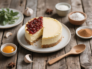Classic New York style cheesecake with a biscuit base, half topped with cherry glaze, served on a rustic wooden table.