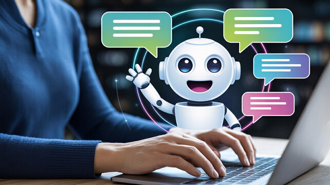 Engaging chatbot assistant helping user online with friendly support on laptop screen now
