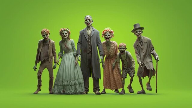A group of zombie family members posing together against a solid green colored background studio shot green screen halloween video