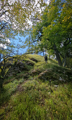 Hiker climbing the steep grassy hillside leading to the ruins of Füzérkő Castle in the Bükk Mountains, Hungary, surrounded by lush forest and blue sky.