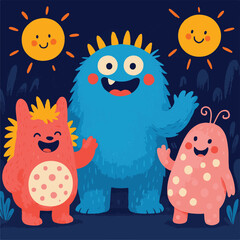 Happy Colorful Fantasy Monsters Vector Artwork for Children