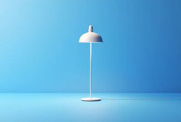 Minimalist white shower head suspended in the air against a bright blue background