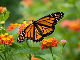 Fototapeta premium A monarch butterfly is seen gracefully perched on a vibrant lantana flower, its wings displaying intricate patterns of orange and black, surrounded by a lush garden in the warmth of summer