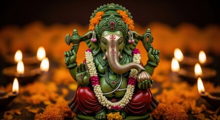 Fototapeta premium A green Ganesha statuette adorned with orange flowers, centered among lit oil lamps on a brown background