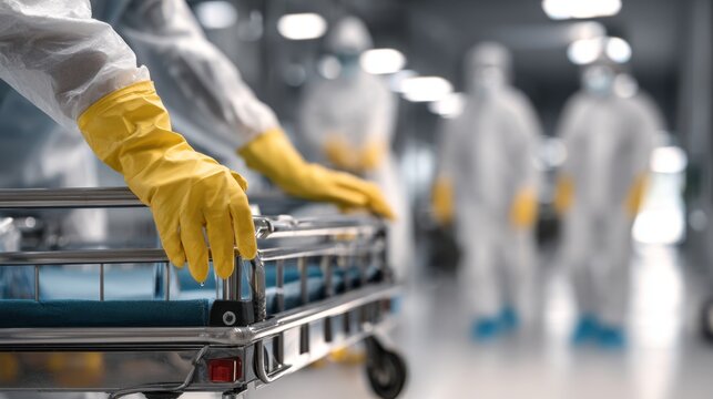 Medical personnel disinfecting handles and surfaces of isolation cart in hospital hallway main subject sharply detailed with indistinct background emphasizing Candida auris