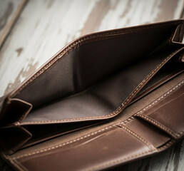 Int&eacute;rieur d'un portefeuille en cuir marron vide