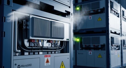 Stacked microgrid battery containers with visible cooling systems and wiring connections highlighting thermal management techniques.